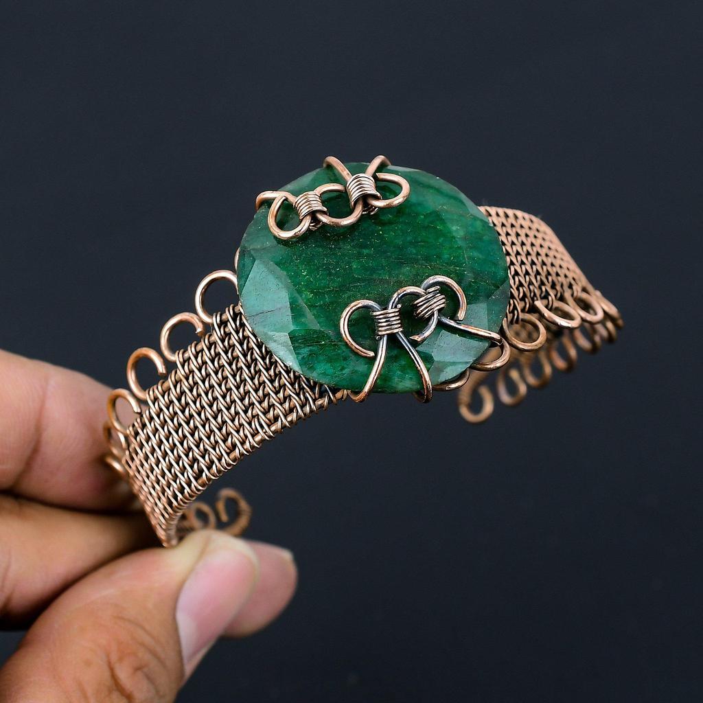 Lab-Created Emerald Gemstone Pure Copper Wire Wrapped Handmade Cuff/ Bangle Jewelry