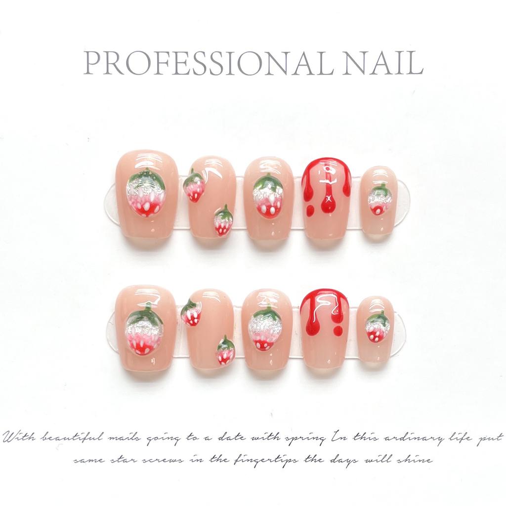 10Pcs 3D Strawberry Square Handmade Press On Nails Cute Fake Nail Tips Stick On False Nails For Women