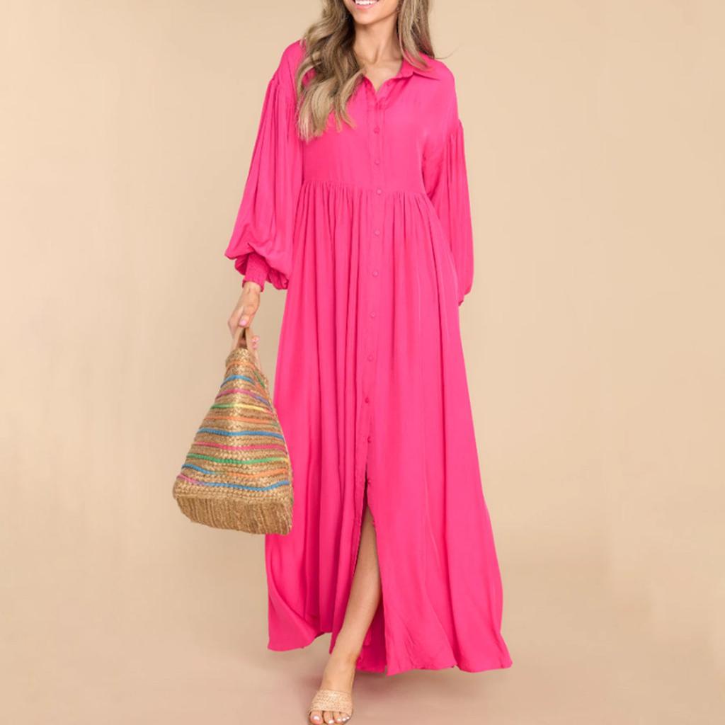 S-5XL Женские повседневные однотонные плиссированные удлиненные платья с длинными рукавами и пуговицами с лацканами