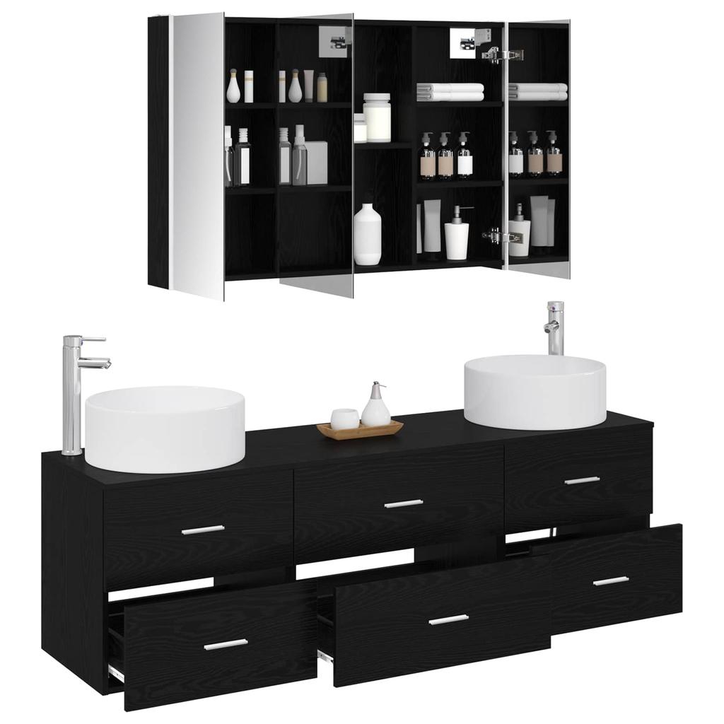 Bathroom Furniture Set 4 pcs Black Oak Engineered Wood and Glass