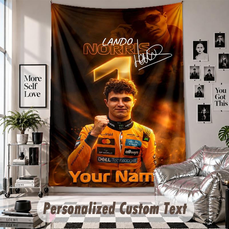 Wall Hanging Tapestry With Custom Name & Text, Lando Norris Decorative Tapestry For Bedroom