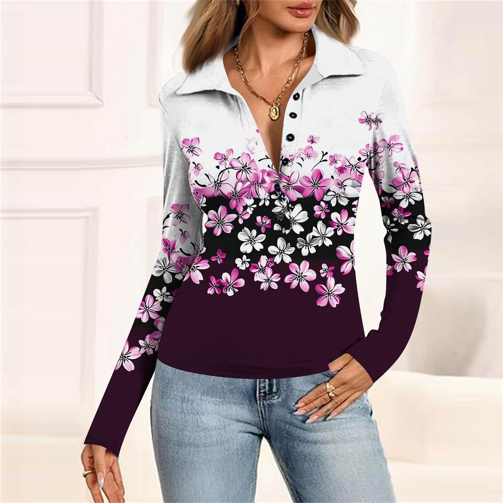 Женская мода Повседневный принт V-образный вырез Длинный рукав Застегивающаяся на пуговицы блузка