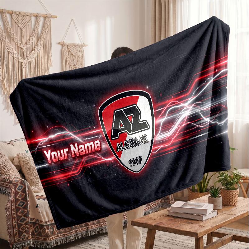 AZ Alkmaar Personalized Fleece Blanket With Football Logo, Custom Name Text Soft Warm Home Throw Blanket