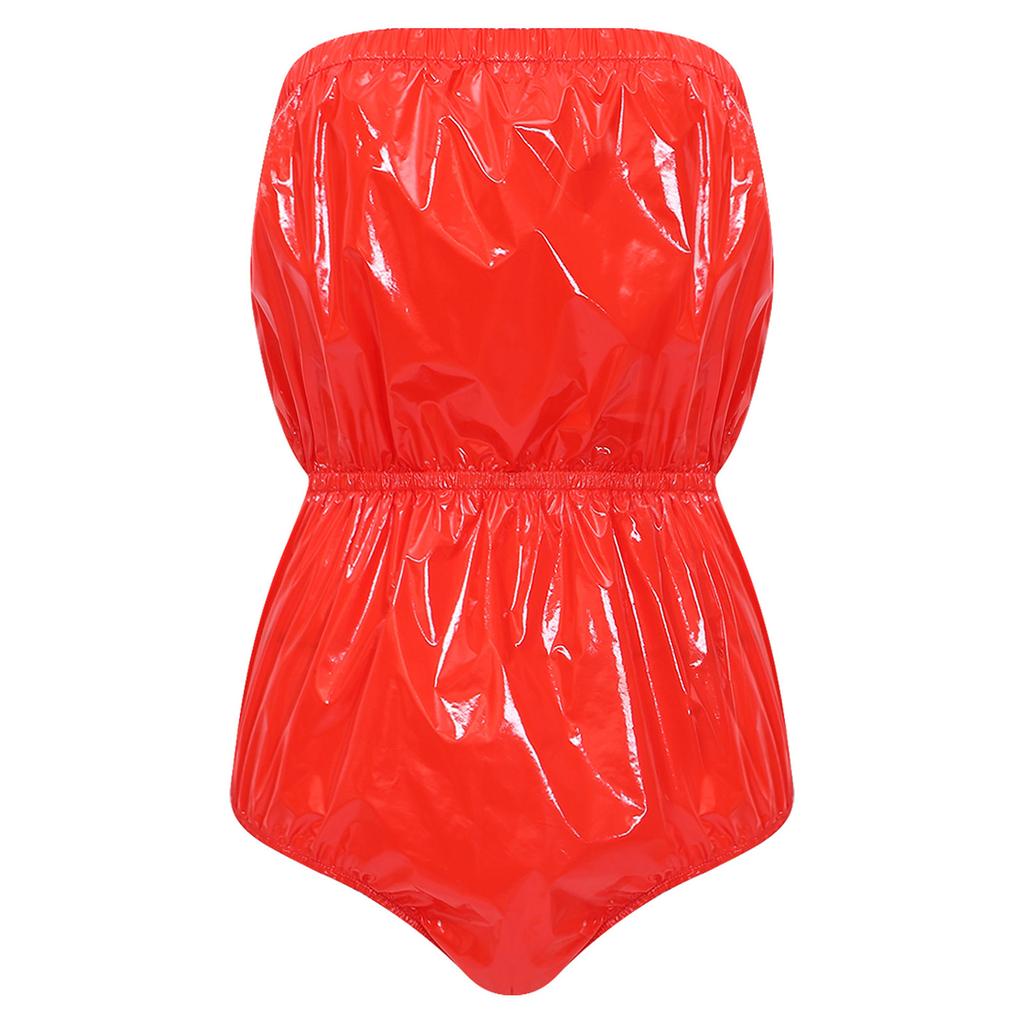 Womens Waterproof Glossy Swimwear Strapless Lingerie Bodysuit Elastic Band High Cutting Rompers Clubwear