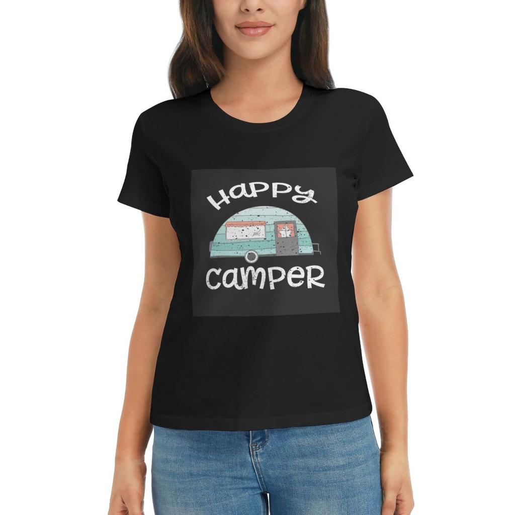 Women TShirt Happy Camper Retro Trailer RV Caravan Camping Summer Short Sleeve Tees Crew Neck T Shirts Clothes Tops Streetwear