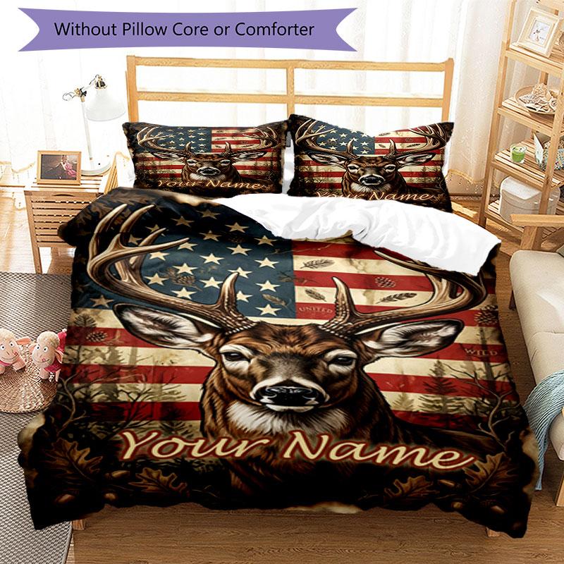 3PC Custom Name American Deer Flag bedding,soft and breathable,2D flat print,room decor.,Poster Three-piece set,Soccer Three-piece set,Art,Poster,Socc