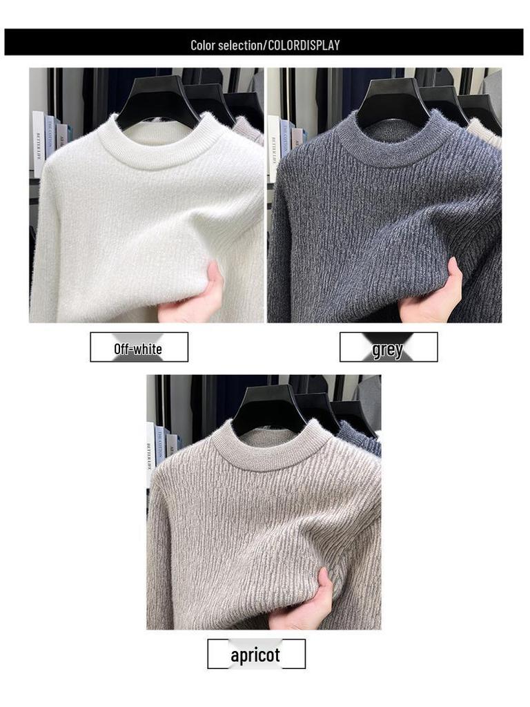 Men's Ferret Velvet Knit Fleece Pullover: Warm Round Neck Casual Fashion Base Layer Sweater