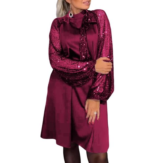 Women Dress Round Neck Lace-up Strap Shiny Sequin Patchwork Long Sleeves Midi Dress