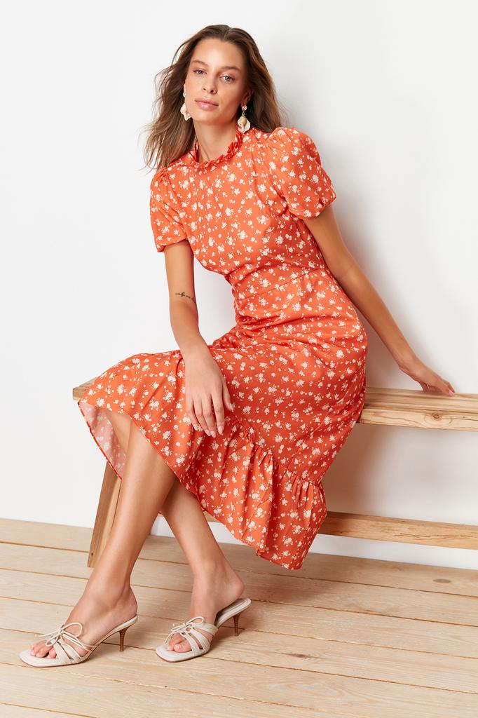 Women's Fashion New Dress Green Floral Patterned A-Line Flounce Lined Midi Woven Dress