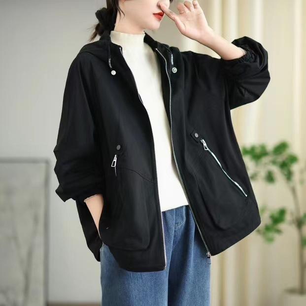 Johnature Woman Autumn Vintage Loose Casual Personality Coat Zipper Solid Color Long Sleeves Hooded Coat