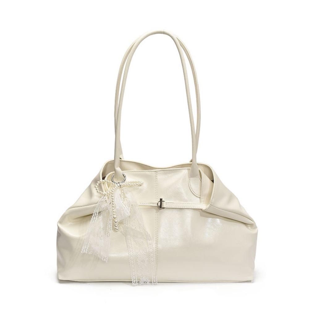 PU Leather Shoulder Bag Tote Bag with Bow Lace Pendant Versatile Armpit Bag Solid Color Large Capacity Underarm Bag Travel