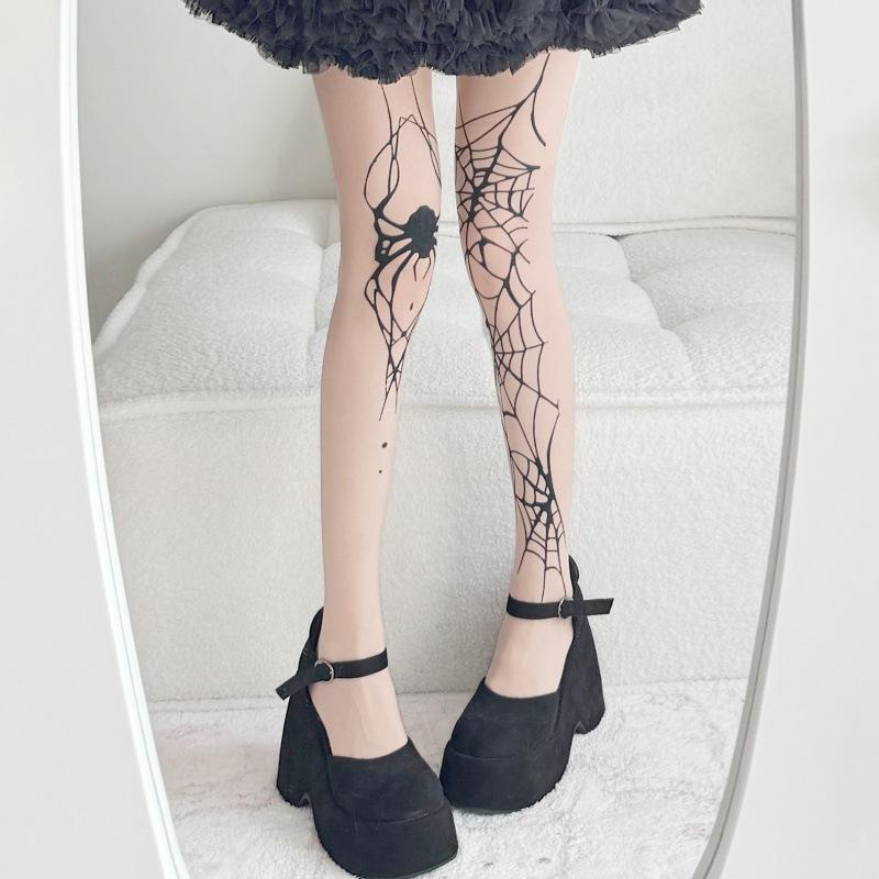 Hot-Selling Spider Web Print Stockings Tattoo Thin Black Silk Pantyhose Halloween Cos Leggings