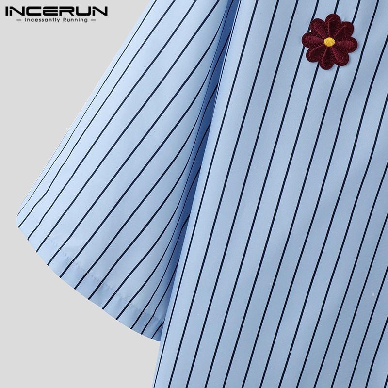 INCERUN Большие летние мужские повседневные рубашки с отворотом и коротким рукавом с вышивкой и цветочным принтом в полоску