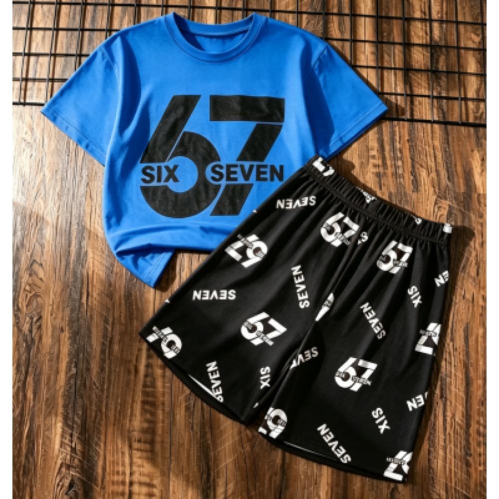 Мужской Комплект Six Seven 67 с Принтом Мужская Футболка и Шорты Комплект из 2 Предметов Летний Повседневный Уличный Мужские и Женские Комплекты с Футболками