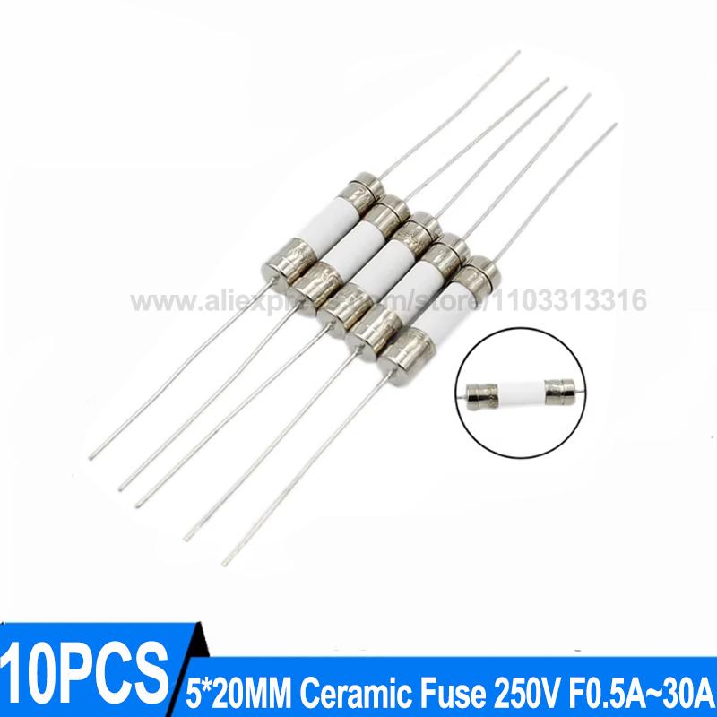 10Pcs Ceramic fuse Kit assortment Fast Blow 5*20mm 250V 1A 2A 2.5A 3.15A 4A 5A 6.3A 8A 10A 12A 15A 16A 20A 25A 30A Fuse Ceramic Fuses4