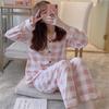 Spring and Autumn Ladies Long Sleeved Pajamas Home Clothing Set Girls Fashion Students Fresh Pink Plaid Pajamas Home Clothing Set