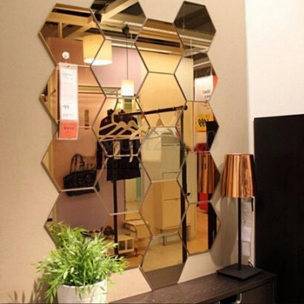 12Pcs 3D Mirror Hexagon Vinyl Removable Wall Sticker Decal Home Decor Art Diy