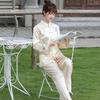 Pritning Flower Chinese Pajamas Sleep Set Shirt Pant Stand Collar Nightwear 2Pcs Embroidery Silk Vintage Button Sleepwear