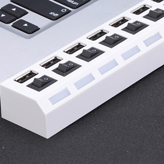 Compact USB 2.0 Adapter Hub with 7 Ports Universal Widely Compatible LED High-speed Power ON/OFF USB Splitter Dock