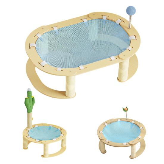 Elevated Cat Hammock Free-Standing Pet Bed Summer Breathable Raised Cat Hammock Bed with Spring Ball/Scratching Post for Indoor Cats