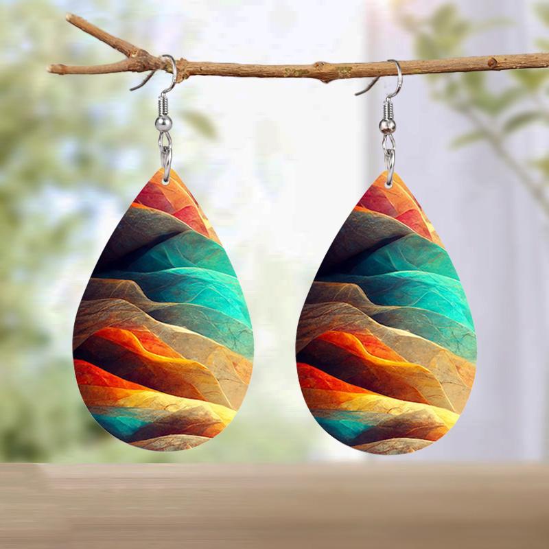 Vibrant Colorful Rendering PU Leather Earrings Abstract Mountain Ribbon Whirlpool Elements Pattern Water Drop Shaped Earrings