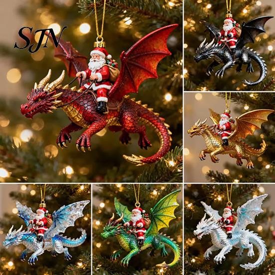 Xmas Tree Hanging Accessory Santa Claus Dragon Rider Christmas Ornament, 2D Acrylic Red Door Window Decor with Flying Decorations for Home Parties