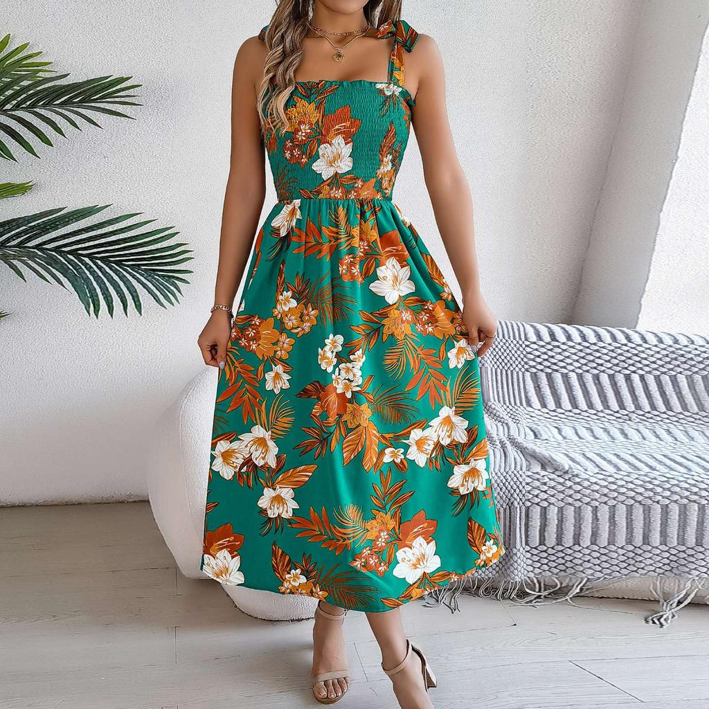 Women's Fashion Floral Print Waisted Suspender Dress Holiday Beach Maxi Dress