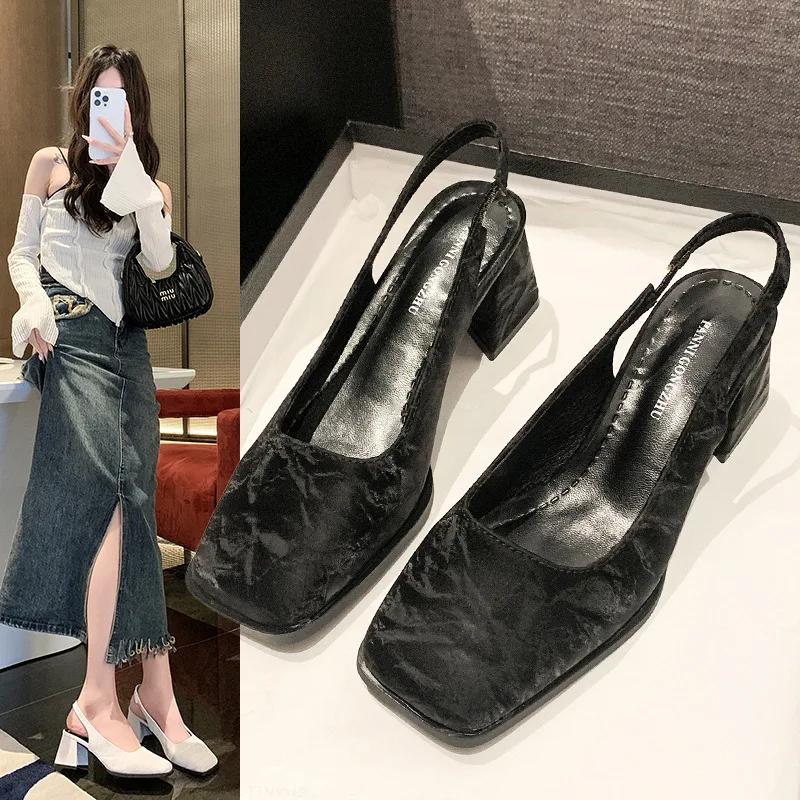 2024 Весна и Осень Новые Черные Туфли С Задним Воздухом Одиночные Туфли Французские Ретро Сандалии На Высоком Каблуке Квадратной Головы Для Женщин