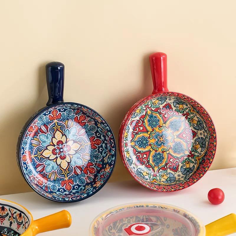 Bohemian Ceramic Handle Bowl, Home Creative Fruit Salad Bowl, Instant Noodle Bowl With Handle, Oven Baking Bowl, Heat-Resistant