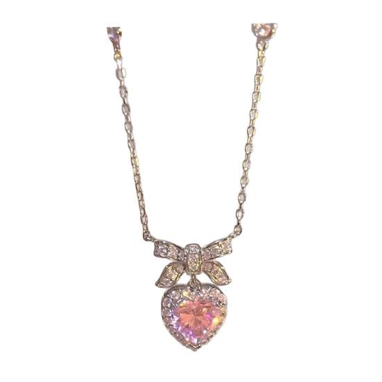 Women Necklace Sparkling Rhinestones Heart Bow Design Pendant Necklace Valentine Day Anniversary Jewelry Gift