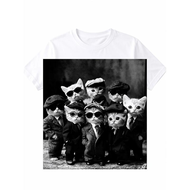 Funny Cat Gangster Group Black T Shirt with Vintage Monochrome Print for Casual Wear And Gift 100 Fashionable And Versatile Holiday Style, PLUS SIZE
