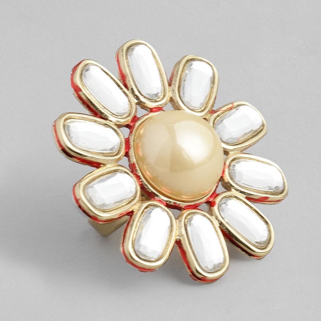 Designer Adjustable Polki Kundan Ring For Women With Cream Pearl