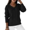Womens V-Neck Long Sleeve Knit Sweater Pure Color Cable Stitch Casual Pullover Top