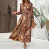 Women Floral Print V-neck Long Sleeve A-Line Dress Spring Summer Casual Elastic High Waist Ankle-Length Dresses
