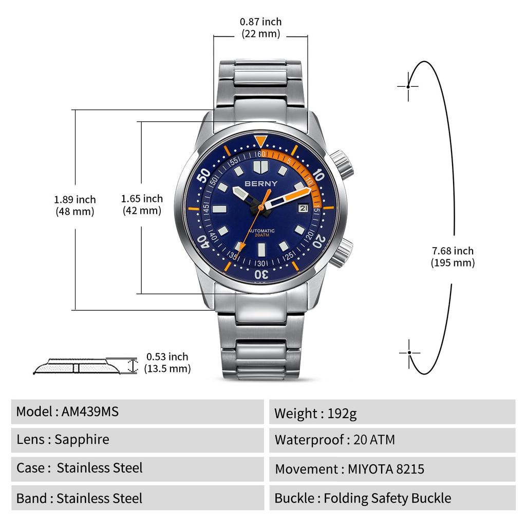 BERNY Watch Automatic Watch Diving Watch Automatic Mechanical Watch 20ATM Waterproof Sapphire Glass Super Luminous Watch Diver's Men's Men's Diver's