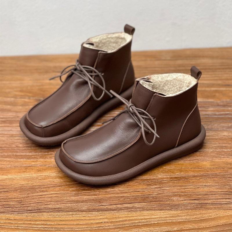 Сапоги из натуральной кожи и хлопка, винтажные, ручной работы, с круглым носком, на плоской подошве, теплые, из коровьей кожи