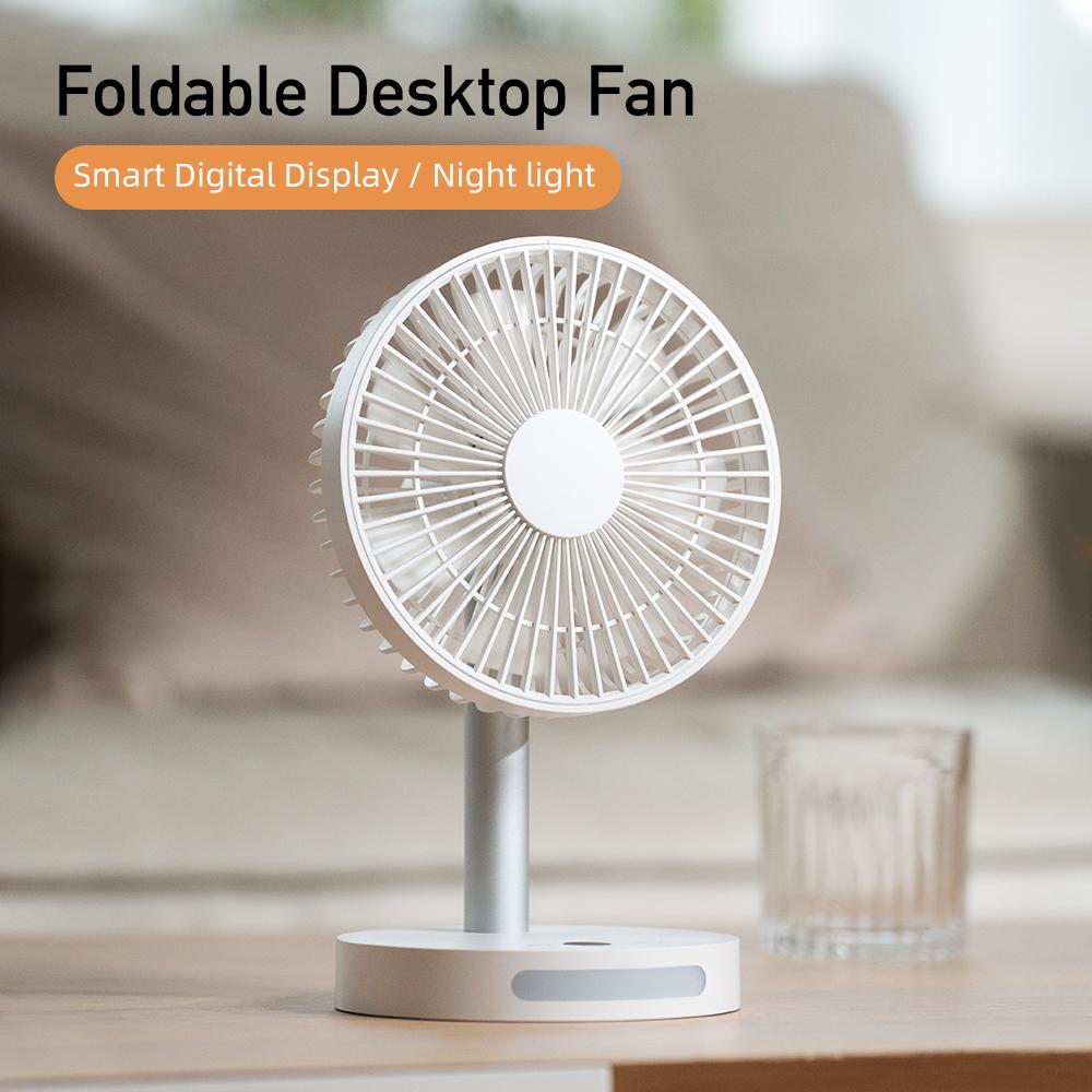 Mini Handheld Desktop Fan Quiet Blades Digital Display Screen Bottom Night Light USB Rechargeable Household Home Office Bedroom