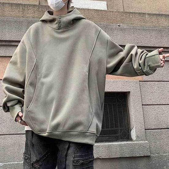 Fall Winter Men Hoodie with Big Pockets Buttoned Hood Loose Elastic Cuff Warm Pullover Mid Length Hip Hop Solid Color Top for Sport Daily Wear