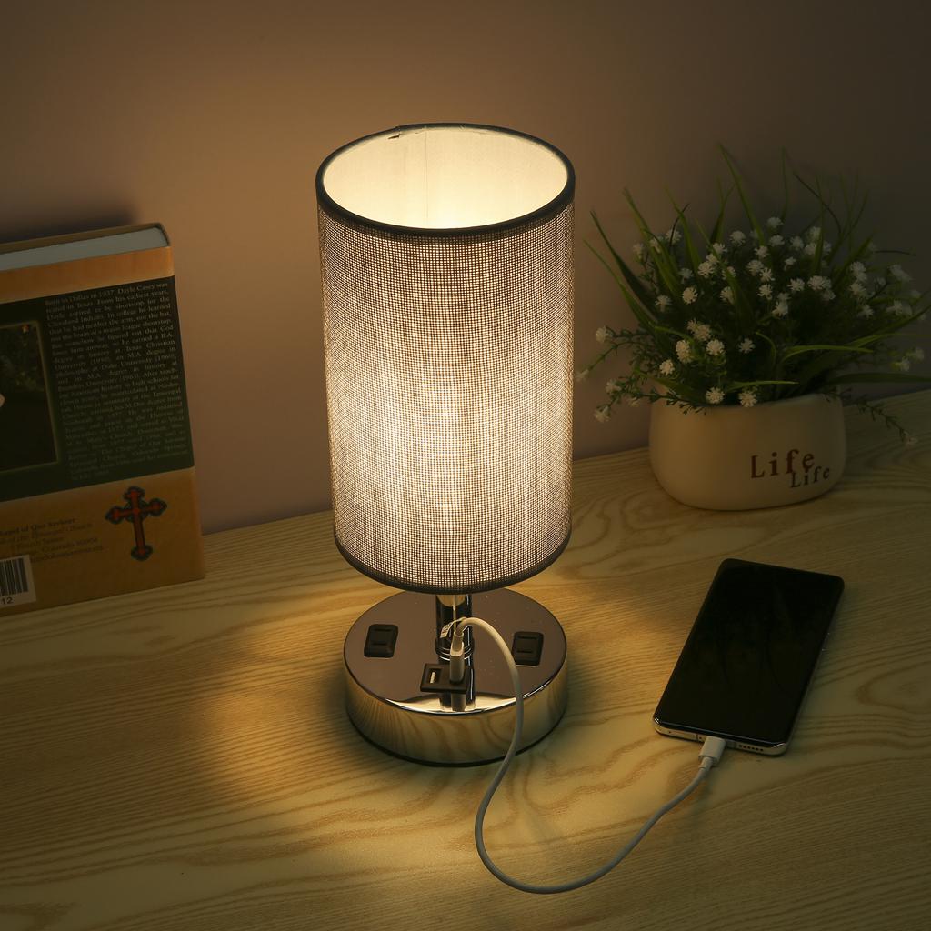 A C 110130V Bedside Table Lamp Desk Light Nightstand Lamp Dual USB and Dual Socket Sensitive