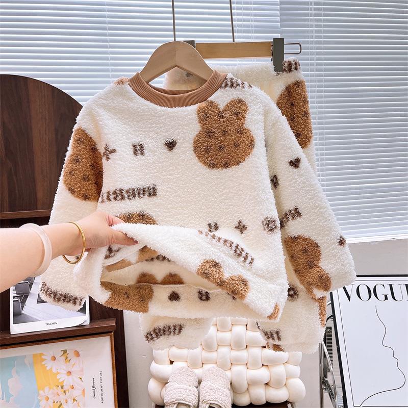 Осенне-зимний комплект пижам для девочек из 2 предметов с рисунком из мультфильма, фланель, мягкие топы для девочек, утепленные теплые штаны