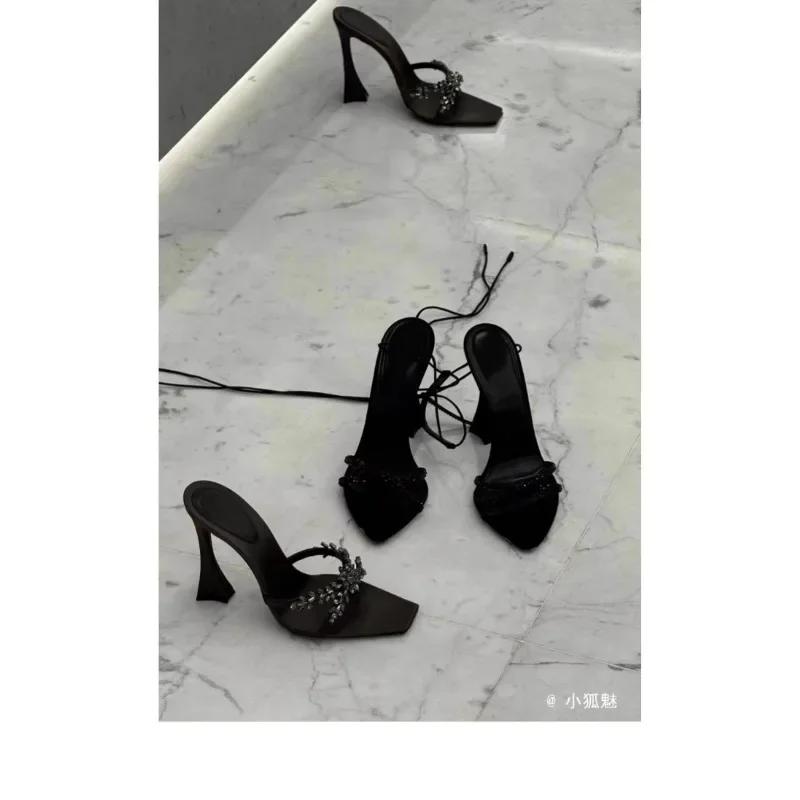 Летние женские босоножки на высоком каблуке, босоножки с перекрестными стразами, с квадратным носком и открытым носком, шелковые, сексуальные босоножки-стилетто на высоком каблуке, мюли