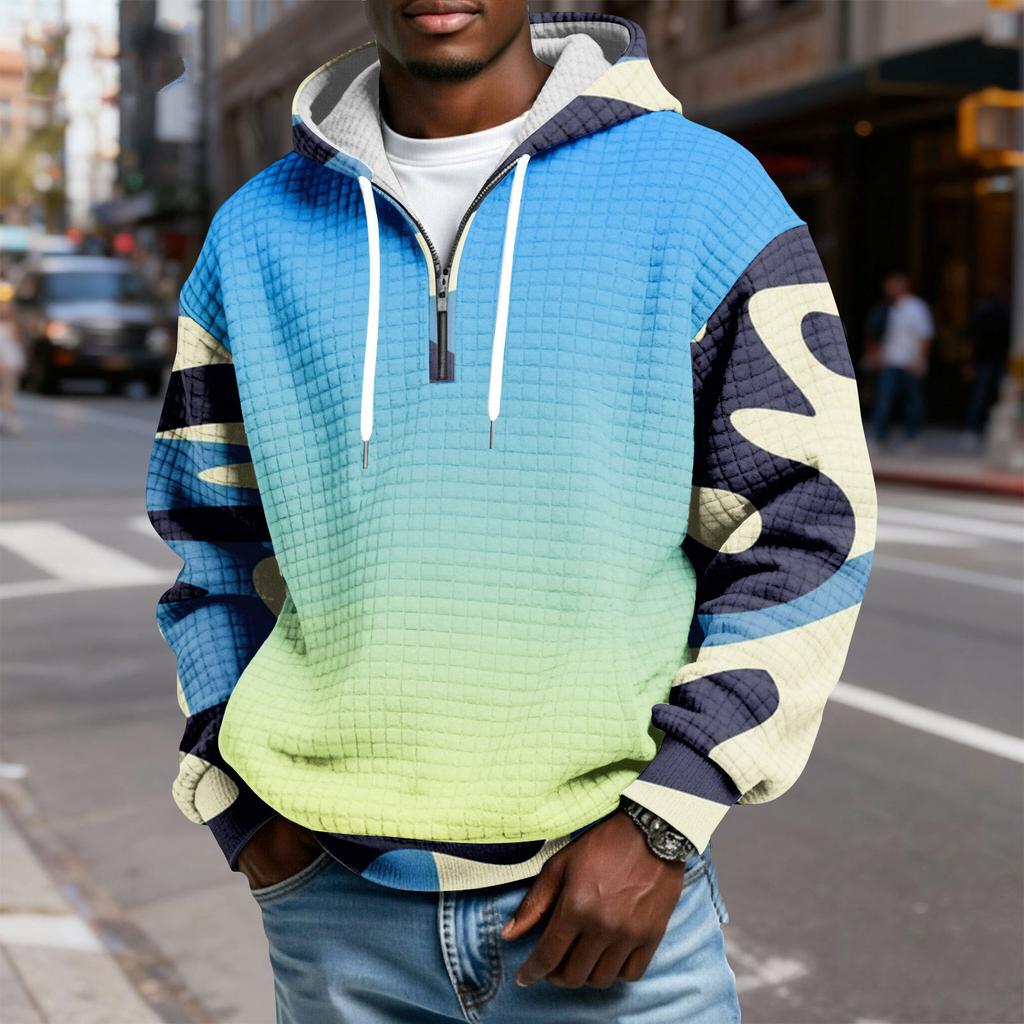 Мужской худи-пуловер в клетку с капюшоном на молнии до середины, со шнурком и принтом, повседневная спортивная толстовка