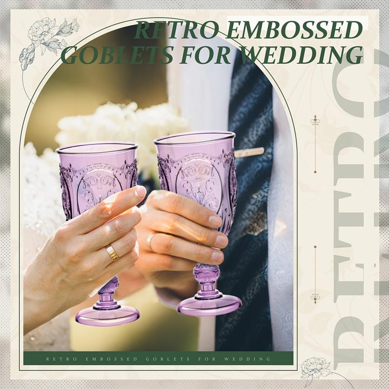 Wedding Party Packs, 24pcs Plastic Goblets 7.5Oz Vintage Goblet Plastic Wine Glasses Colored Retro Embossed Water Goblets