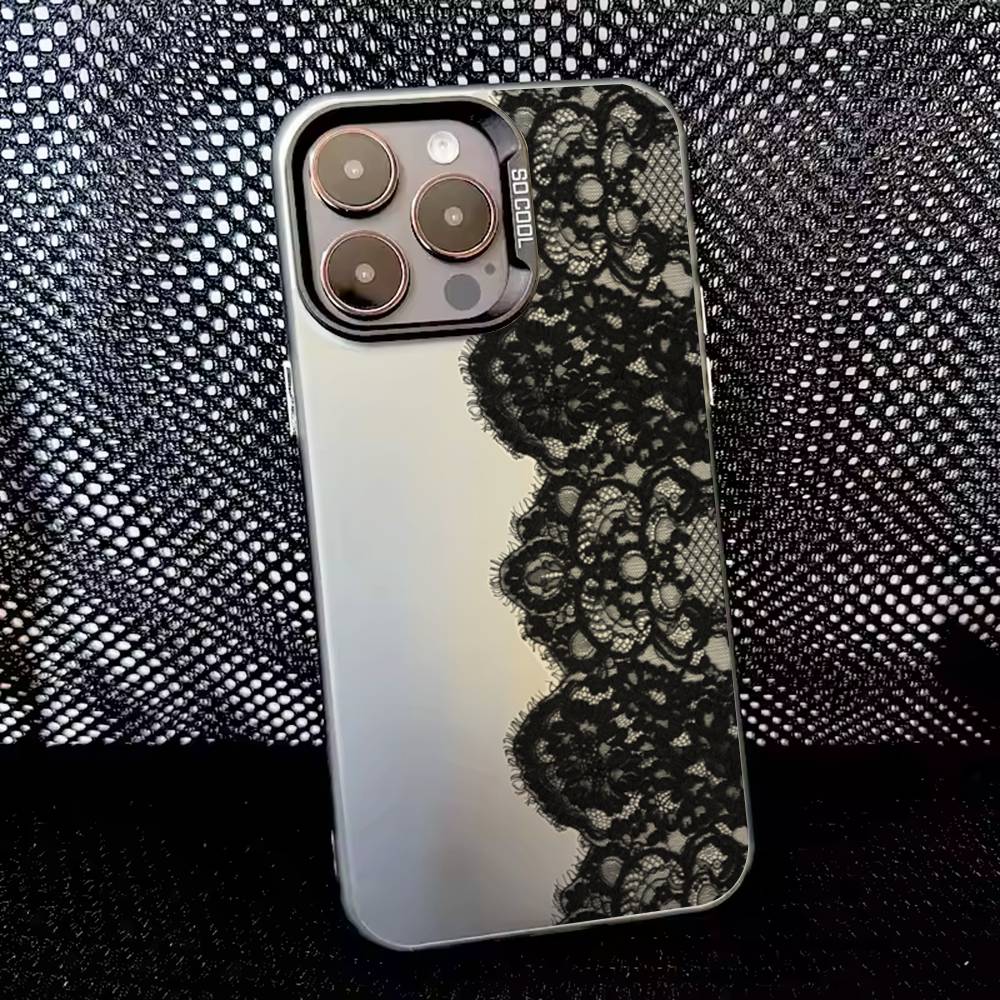 Модный Кружевной Чехол Для Телефона Для iPhone 16,15,14,13,12,11,8,7,Pro,Max,Plus,Mini,XS,SE Противоударный Черный Матовый Жесткий