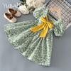 Summer Girls Floral Dresses Sweet Kids Green Short Sleeve Dresses Children Cotton Toddler Baby Clothing Frock
