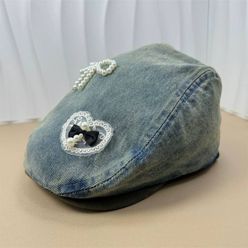 Милая джинсовая шляпа с нашивкой в виде медведя, женская ретро-многофункциональная шляпа с лицом, маленькая потертая шляпа старого художника