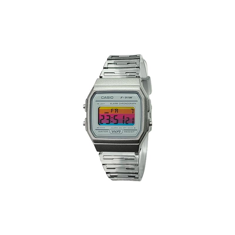 Casio Индивидуальные часы модифицированная серия фиолетовое зеркало серый полимерный корпус водонепроницаемые 200 метров F-91WS-8 Белый циферблат цветные горизонтальные полоски