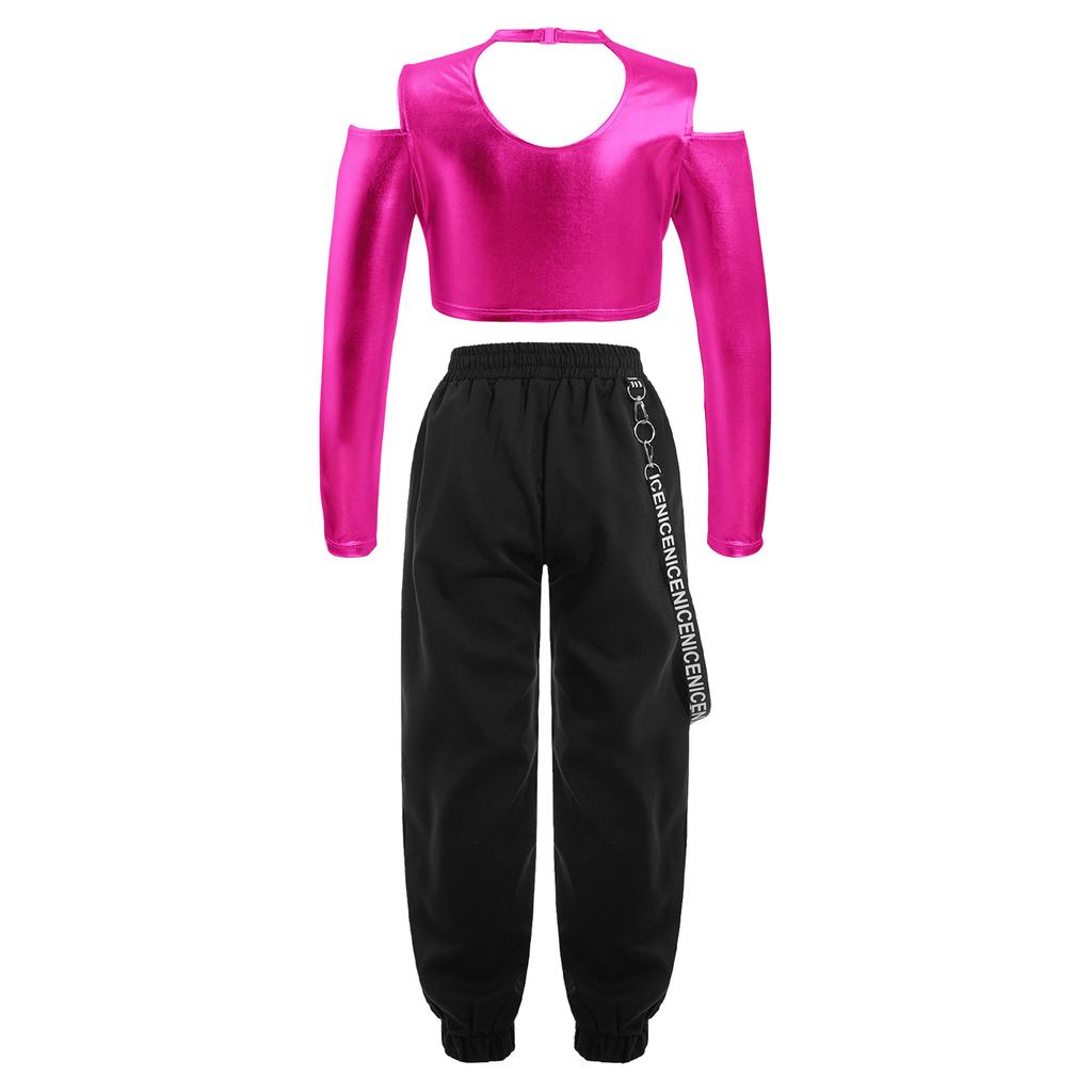 Детский укороченный топ с открытыми плечами и вырезом сзади для девочек, брюки с эластичной резинкой на талии для современного джаза, хип-хопа, танцев