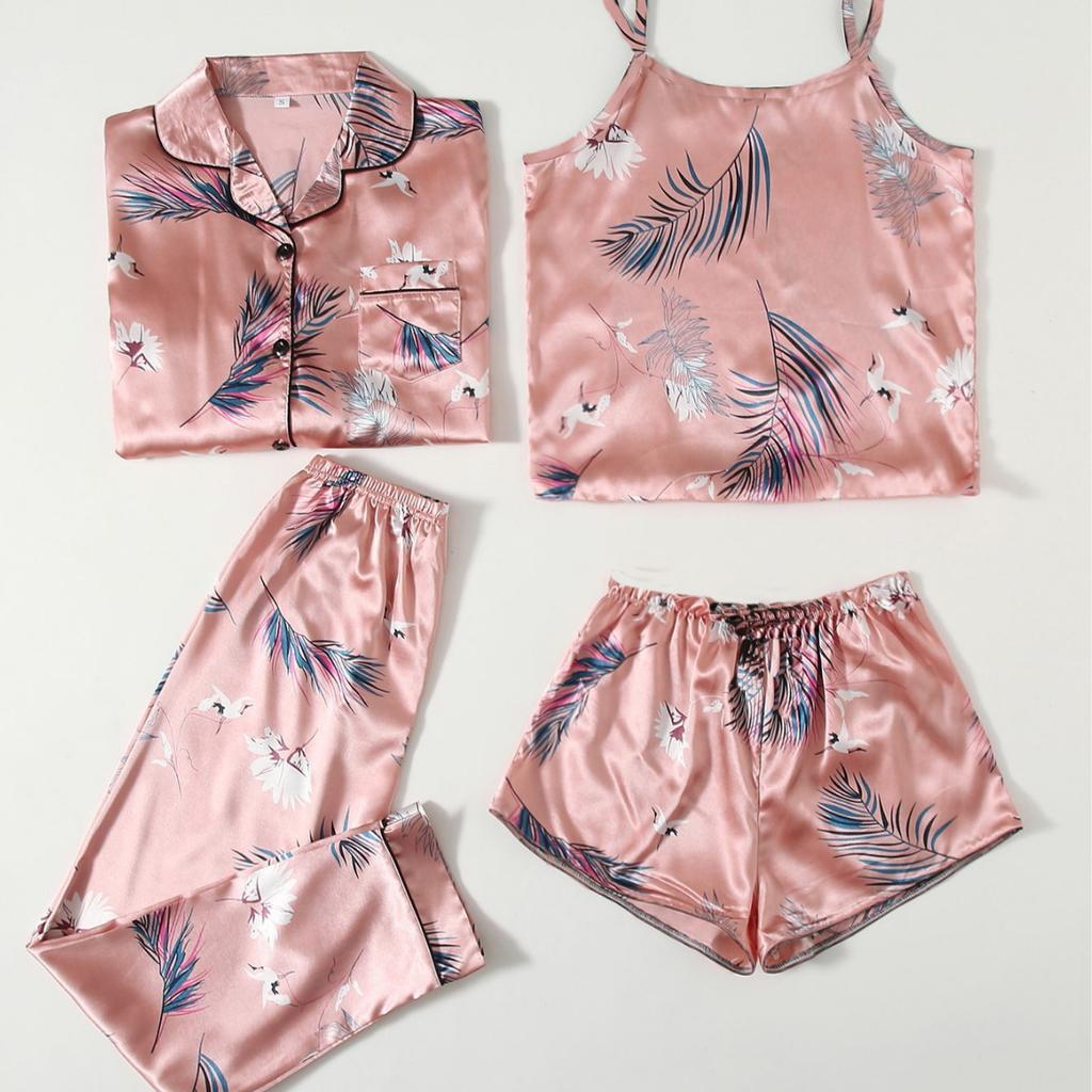 Женская домашняя одежда в европейском и американском стиле, комплект из 4 предметов: майка, шорты, длинные рукава, длинные брюки, пижамный комплект, модная одежда для отдыха с принтом