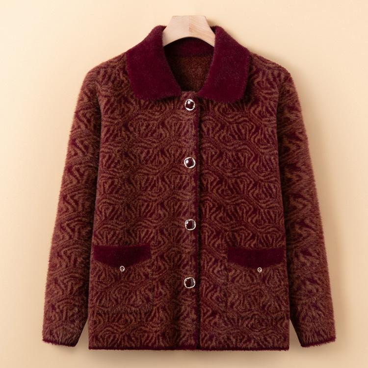 Кардиган-свитер бабушки с лацканами, весенне-осенний, для женщин среднего и пожилого возраста, вязаные куртки, одежда для пожилых с плюшем